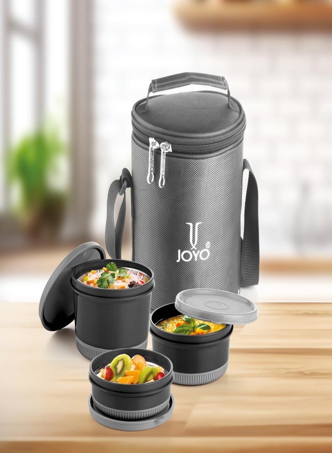 JOYO Foodway Omega Lunch Box with Zipper Pouch, 100% Leak Proof, 3 Stainless Steel Containers with BPA Free Airtight Lids (250ML, 375 ML, 525 ML) - (Grey) - Image 2